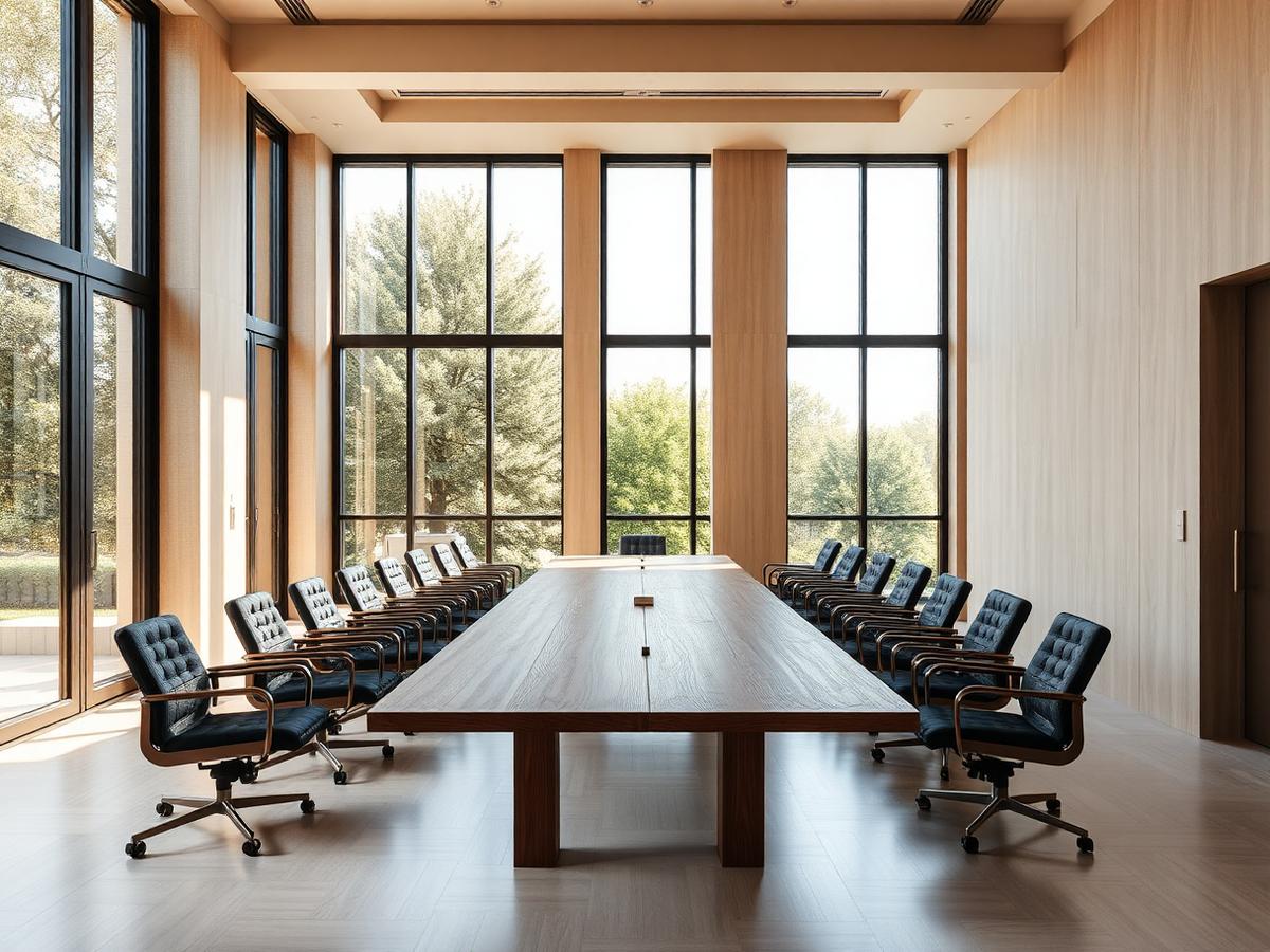 Sala riunioni contemporanea con tavolo in legno e ampie finestre
