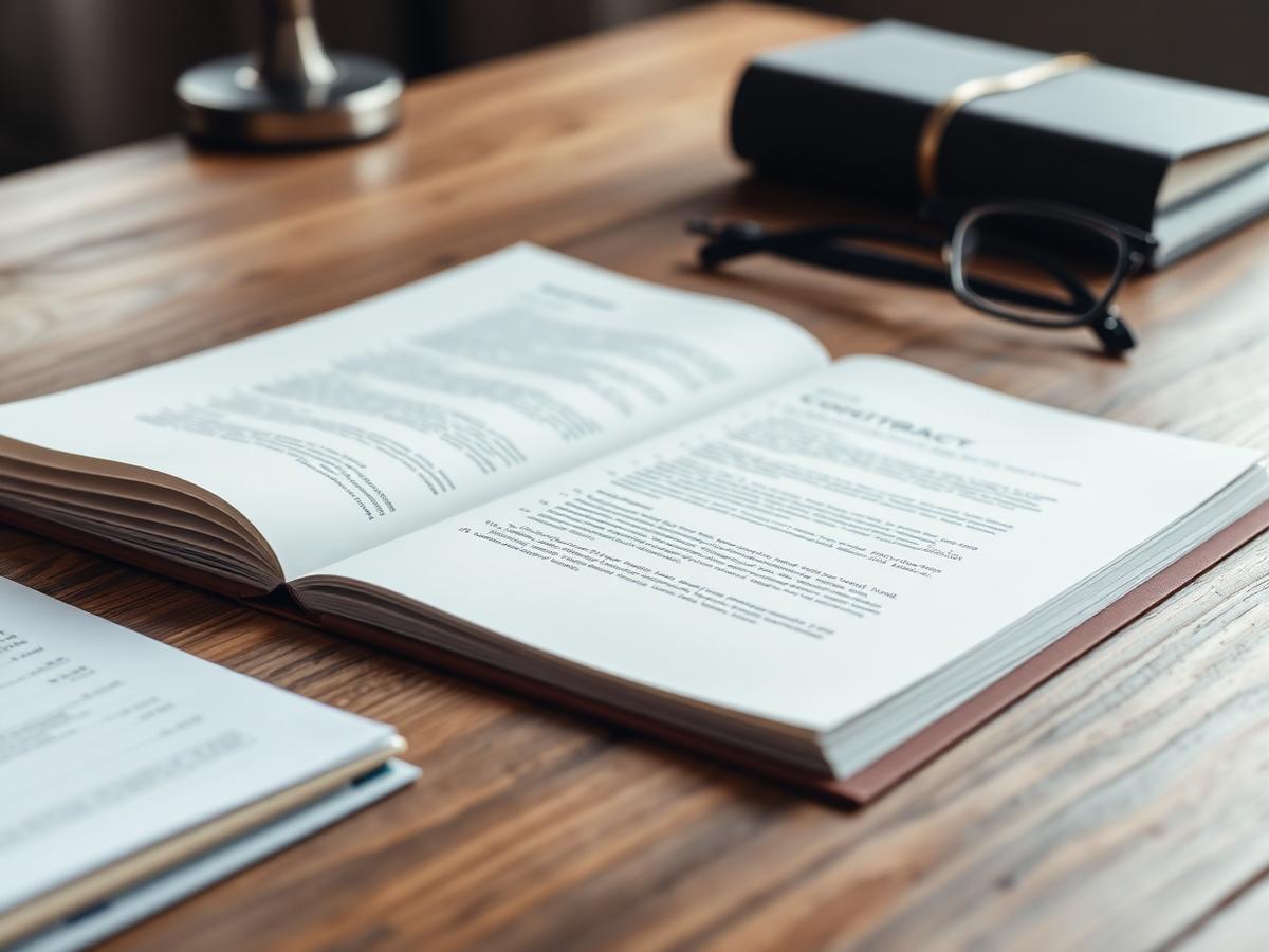 Contratto aperto su una scrivania in legno con occhiali da lettura