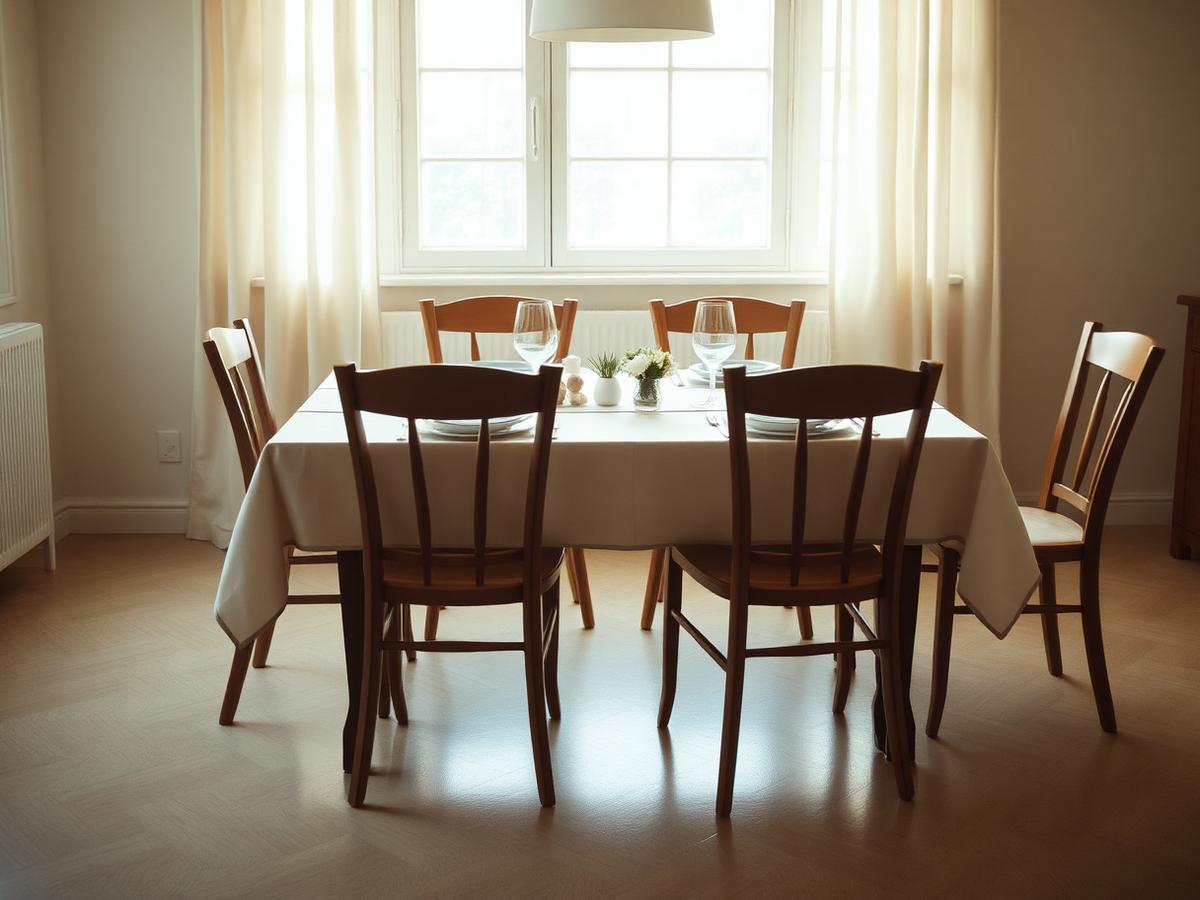 Sala da pranzo familiare con tavolo apparecchiato e luce naturale