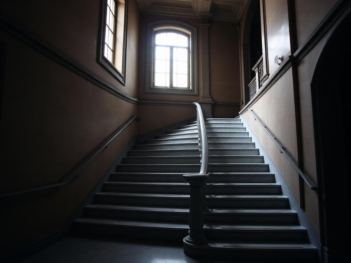 Scalinata in marmo di un edificio storico con luce da una finestra