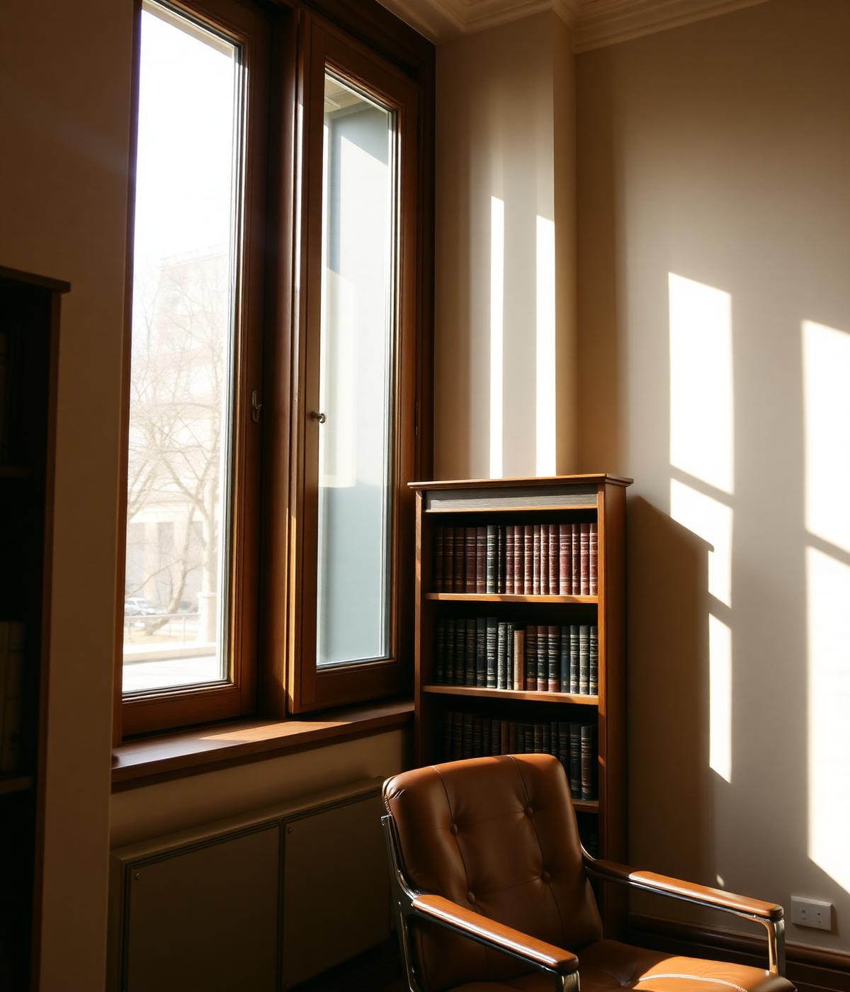 Dettaglio dell'interno dello Studio: libreria in legno e luce da una finestra